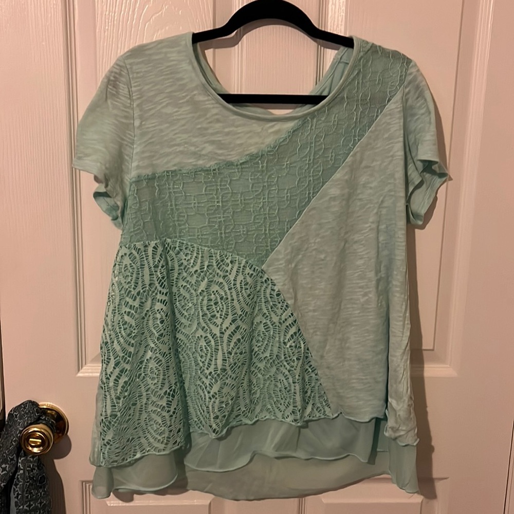 Chico’s Size 2 Mint Green Top With Crochet and Mesh Detail